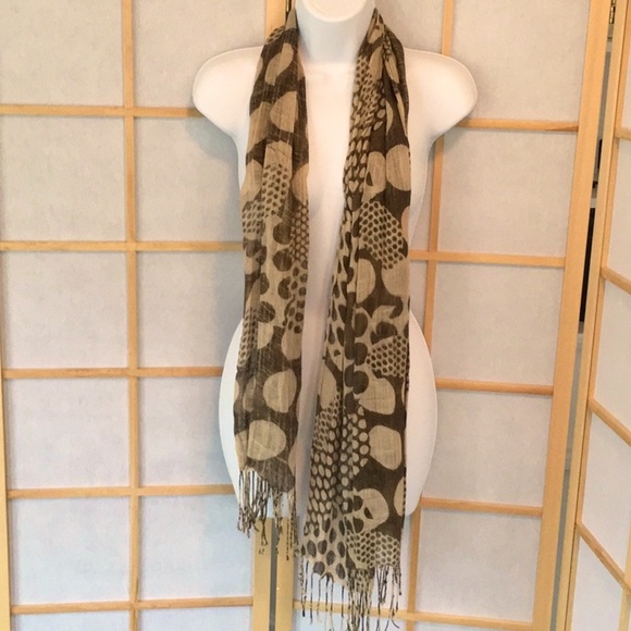 Gauzy brown tan fringed scarf, polka dotted - Picture 2 of 6
